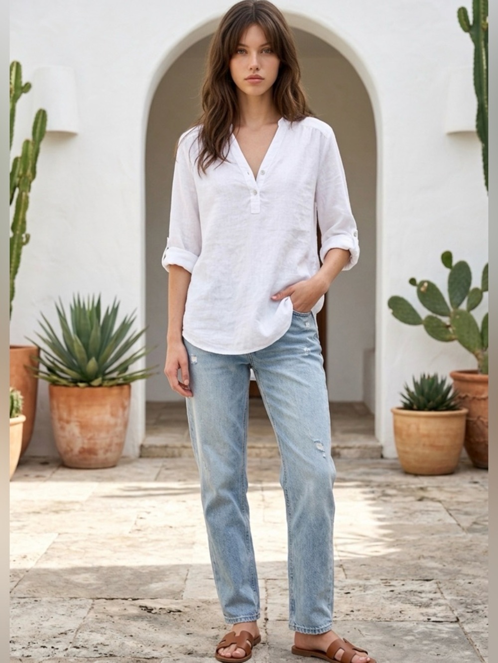 Rosemarine White Linen Blend Blouse Roll Tab Sleeve Minimal Chic Tunic Top SZ S